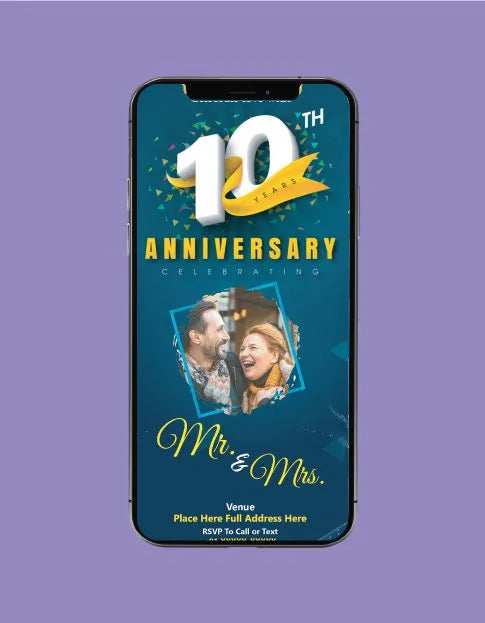 10th Wedding Anniversary Invitation eCard | Elegant Blue & Gold Theme | P-07