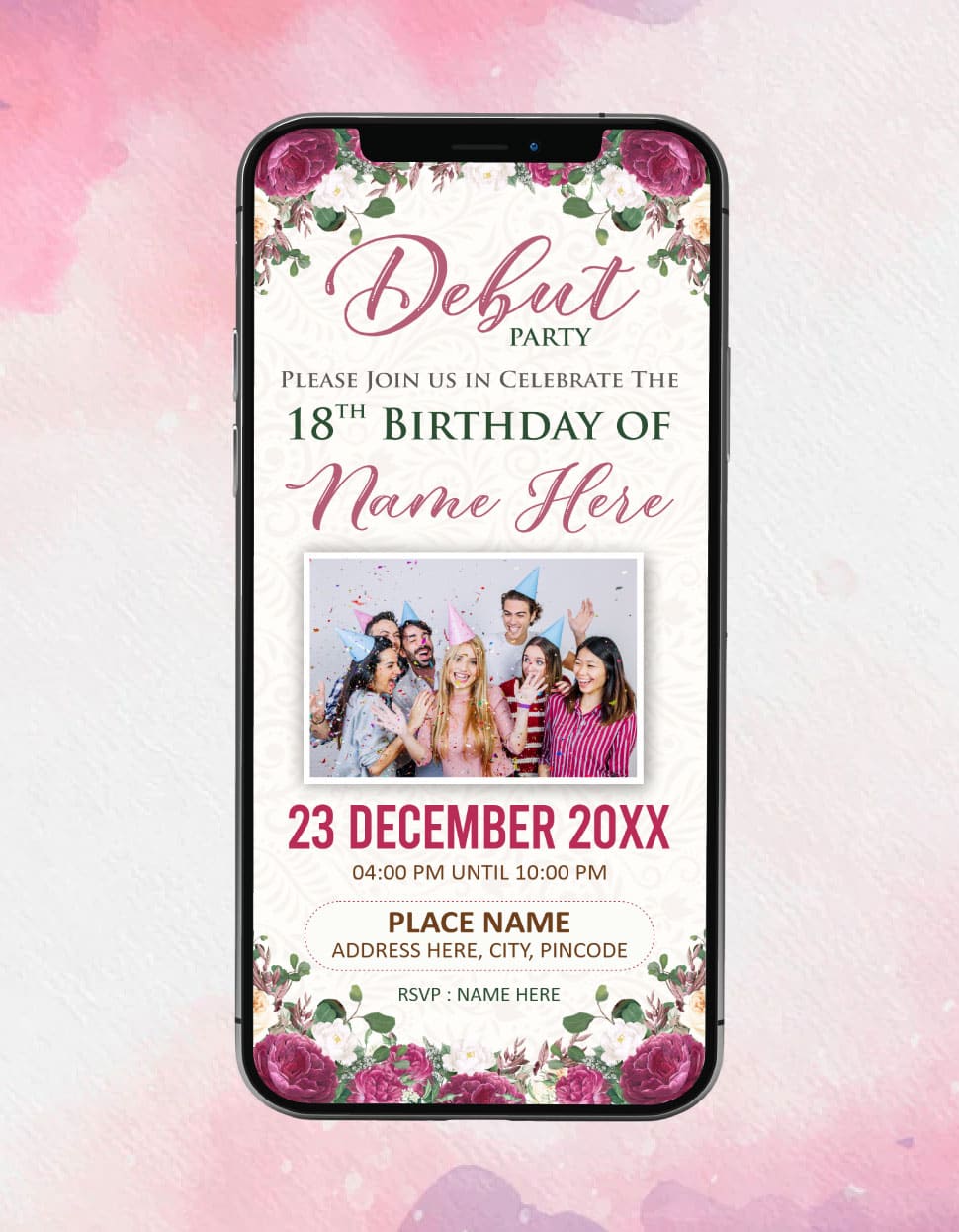 18th Birthday Layout Debut Invitation | Elegant Floral Celebration E-Invite | IM-2362