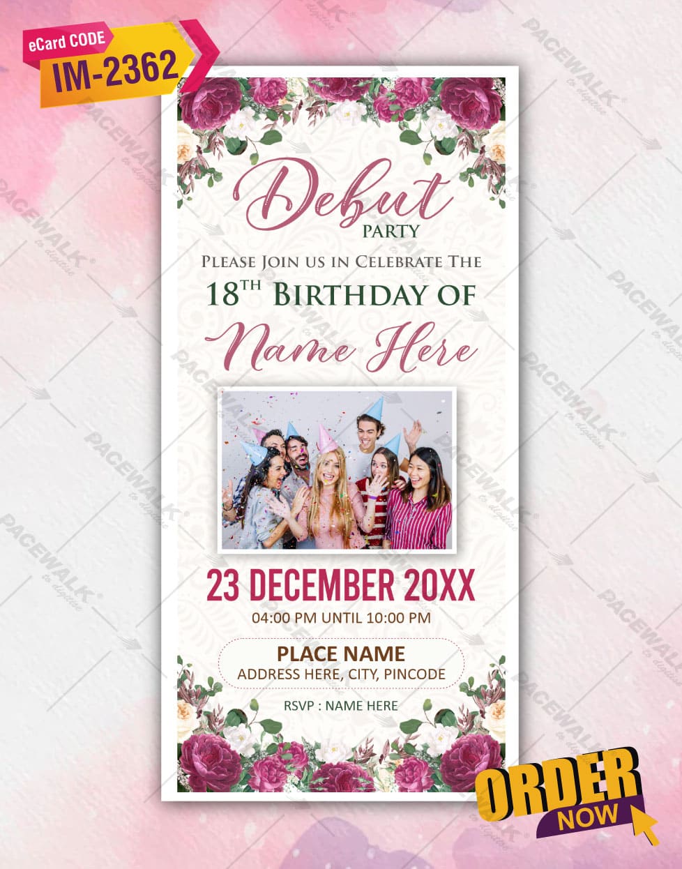18th Birthday Layout Debut Invitation | Elegant Floral Celebration E-Invite | IM-2362