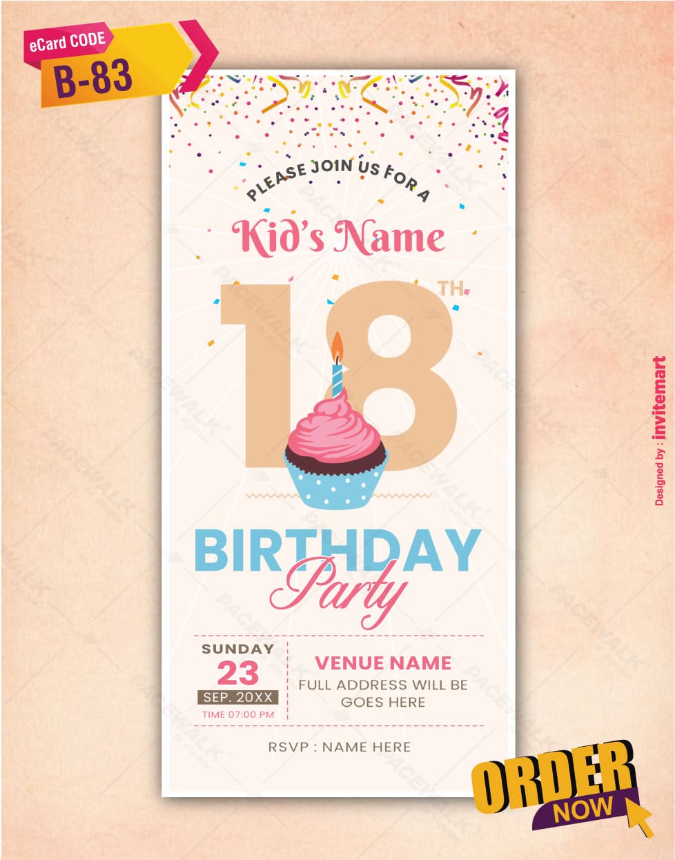 18th Birthday Invitation | Fun Cupcake Theme Party E-Invite | B-83