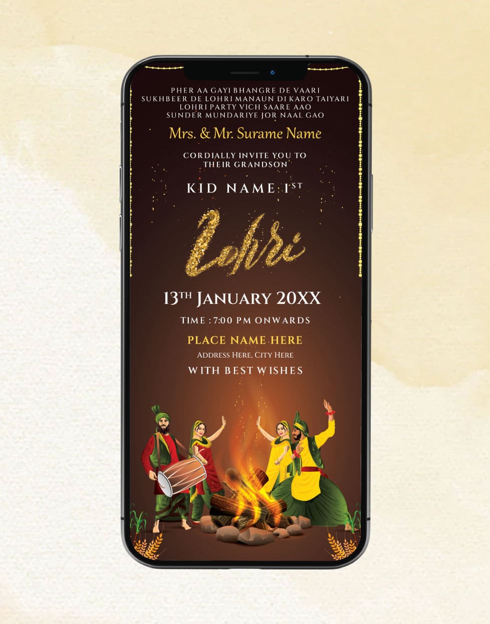 1st Lohri Invitation Card | Traditional Punjabi Bonfire Theme E-Invite | IM-2348