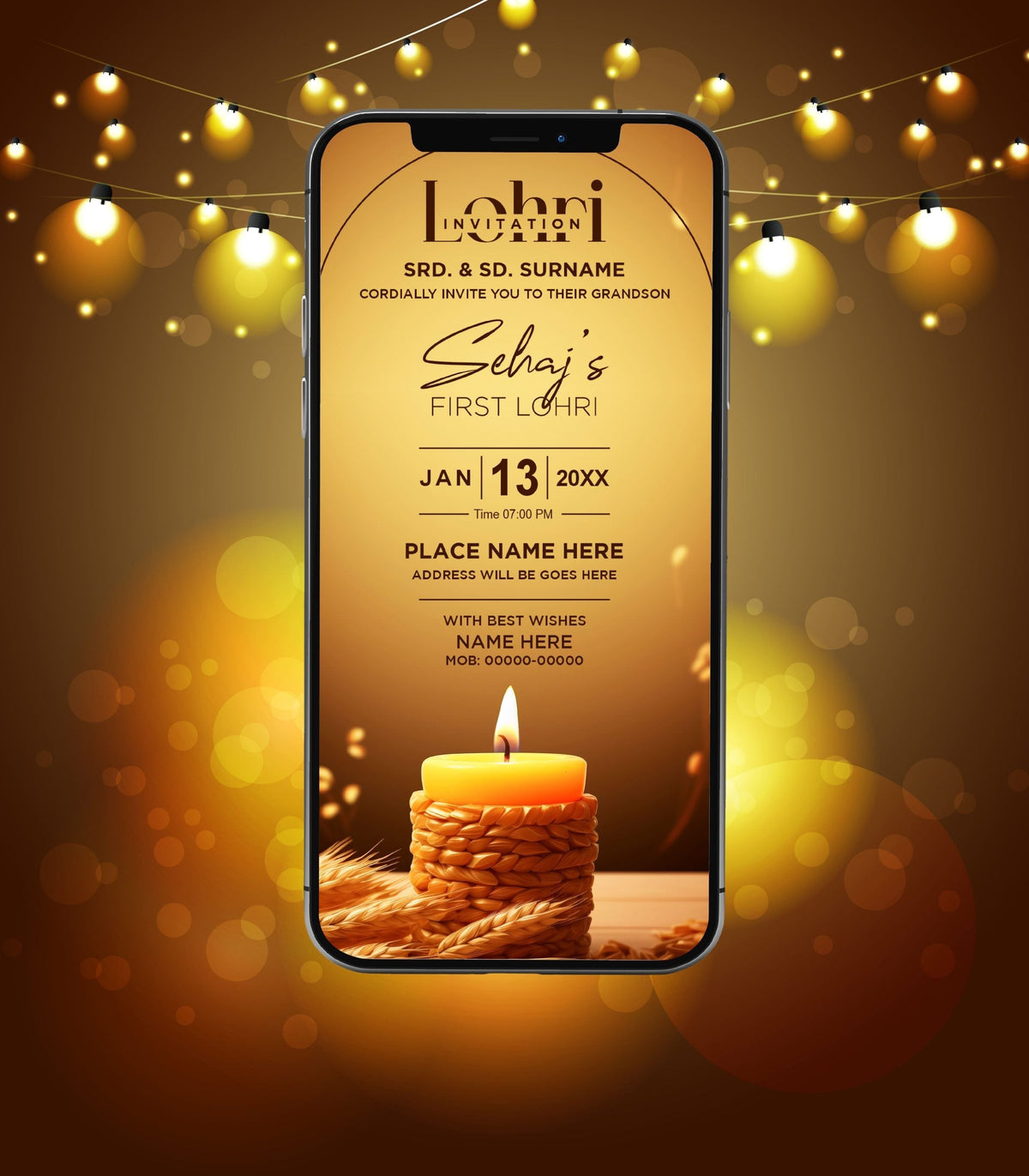 1st Lohri Invitation | Elegant Candle Glow Theme Baby Lohri E-Invite | IM-2545