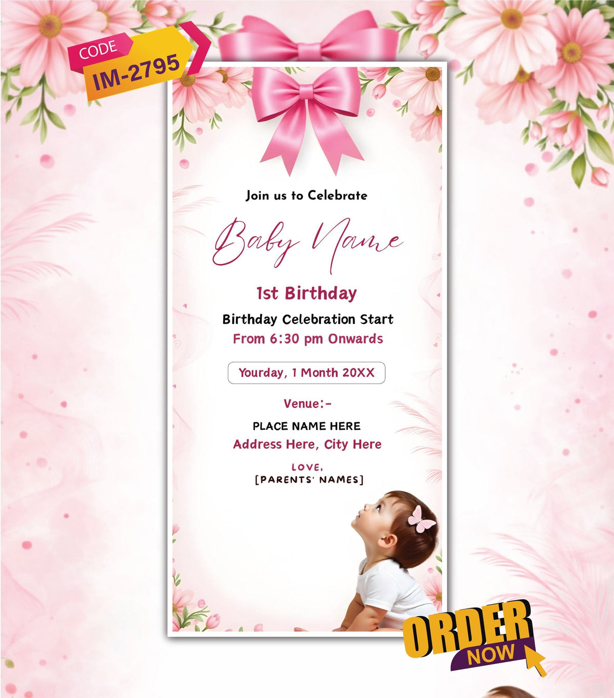 1st Birthday Invitation Card | Baby Girl Birthday E-Invite | IM-2795
