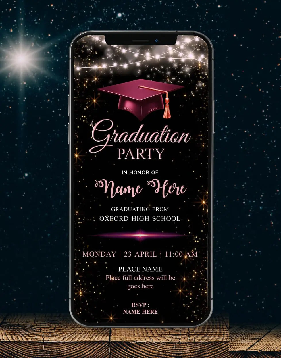 2024 Graduation Party Invitation | Sparkling Black & Pink Theme E-Invite | IM-2656