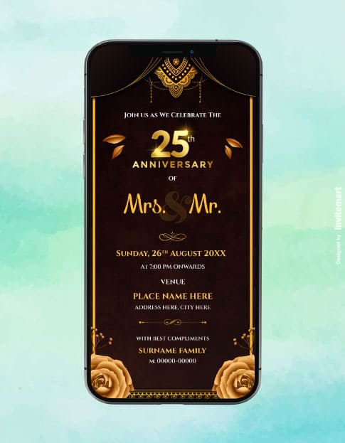 25th Anniversary Invitation Card | Royal Brown & Gold Floral Theme E-Invite | IM-2154