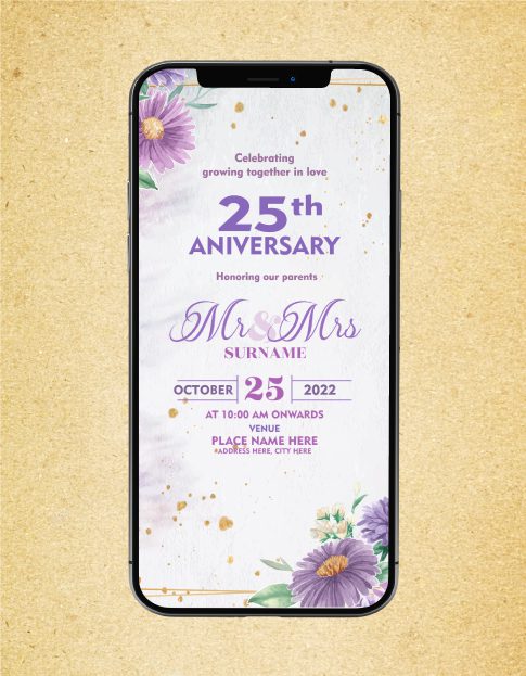 25th Anniversary Invitation eCard | Elegant Purple Floral Theme for Parents | P-03