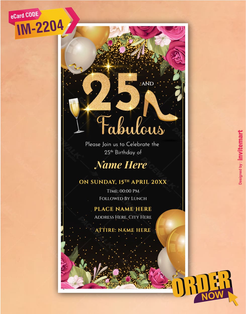25th Fabulous Birthday Invitation | Glam Gold & Black Theme | IM-2204