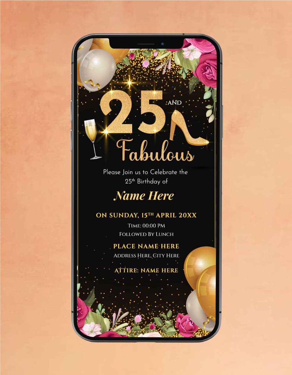 25th Fabulous Birthday Invitation | Glam Gold & Black Theme | IM-2204
