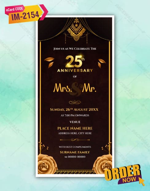 25th Anniversary Invitation Card | Royal Brown & Gold Floral Theme E-Invite | IM-2154