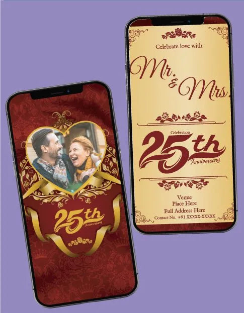 25th Anniversary Invitation Card | Maroon & Gold Heart Photo eCard | P-09