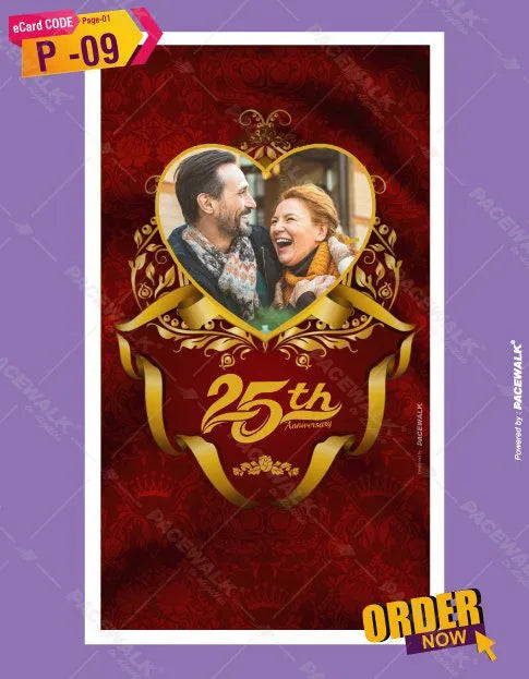 25th Anniversary Invitation Card | Maroon & Gold Heart Photo eCard | P-09