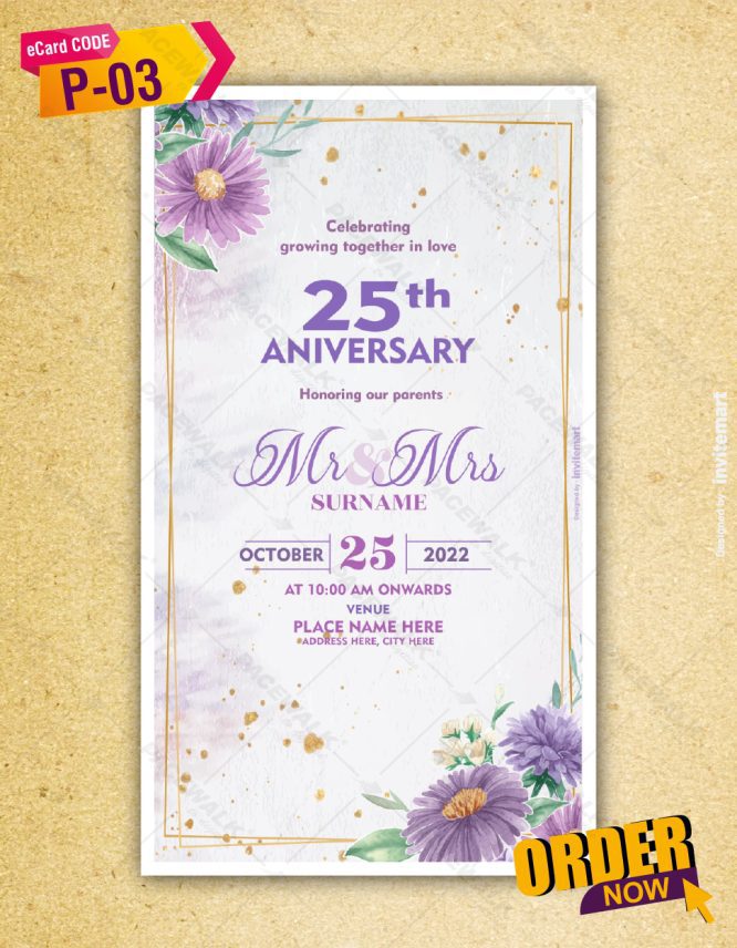 25th Anniversary Invitation eCard | Elegant Purple Floral Theme for Parents | P-03
