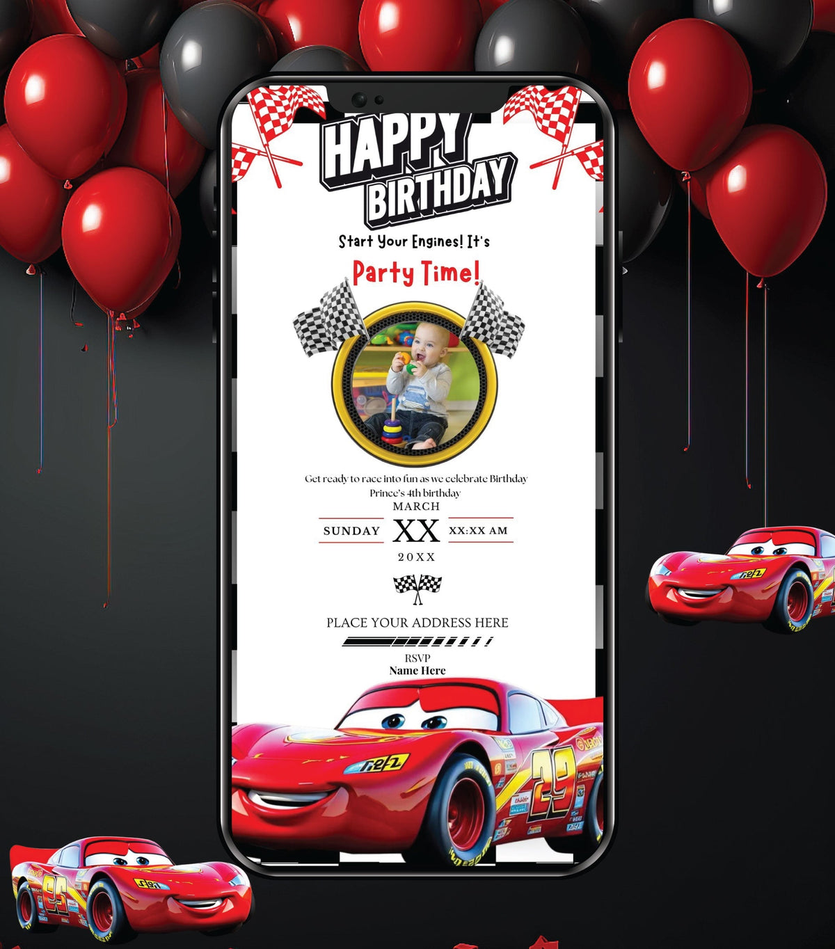 Cars Theme Birthday Invitation Card | Lightning McQueen Digital E-Invite | IM-2773