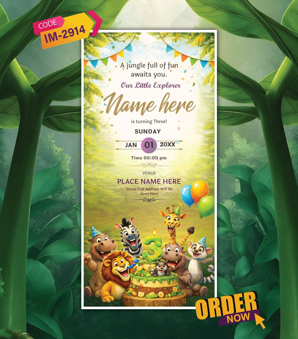 Digital Jungle Birthday Invitation Card for Children | Playful Animal Theme | IM-2914